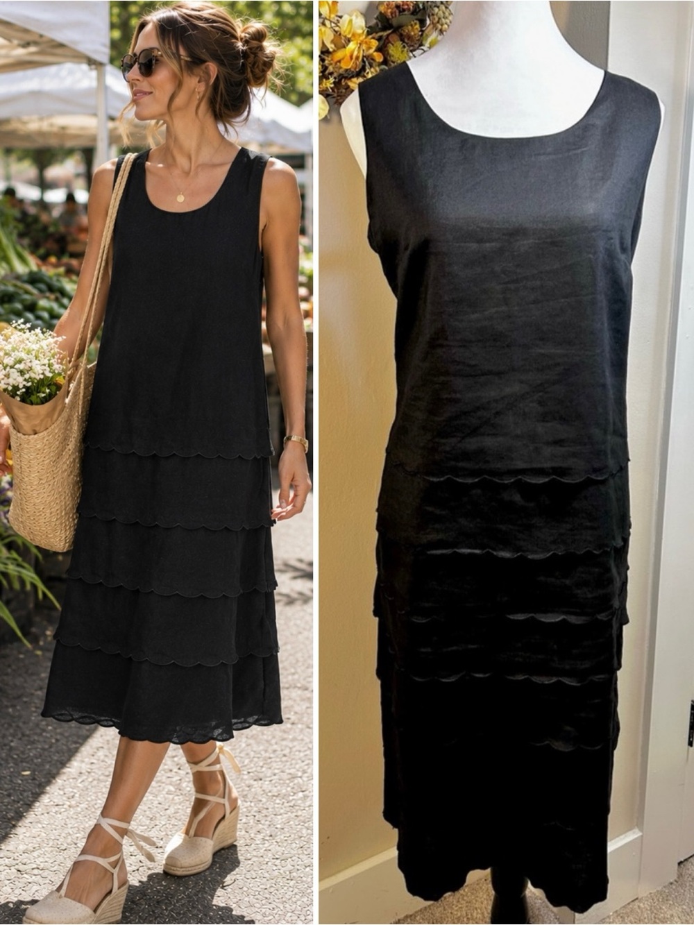 LINO USA Linen Tiered Scalloped Ruffle Sleeveless Midi Shift Dress Size L💛